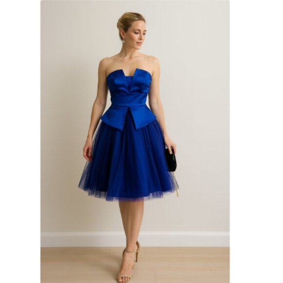 Nha Khanh Satin Tulle Cocktail Dress 2 Blue - Picture 1 of 8